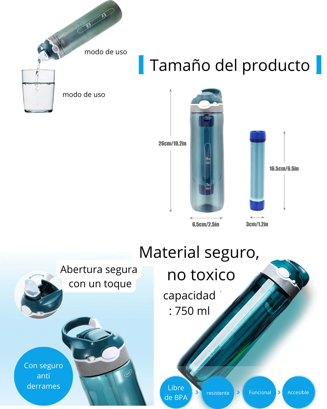 filtro purificador de agua de 750ml