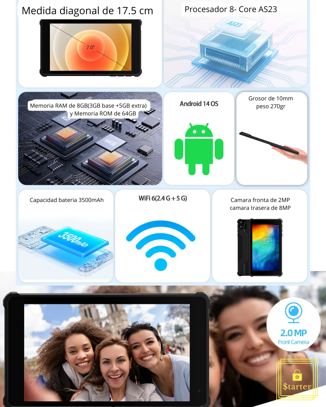 Tableta PRITOM de 7 pulgadas con Android 14, 8 GB de RAM (3 GB + 5 GB ampliables), 64 GB de ROM, procesador A523 de ocho núcleos, WiFi 5G + WiFi6, cámara dual, color negro