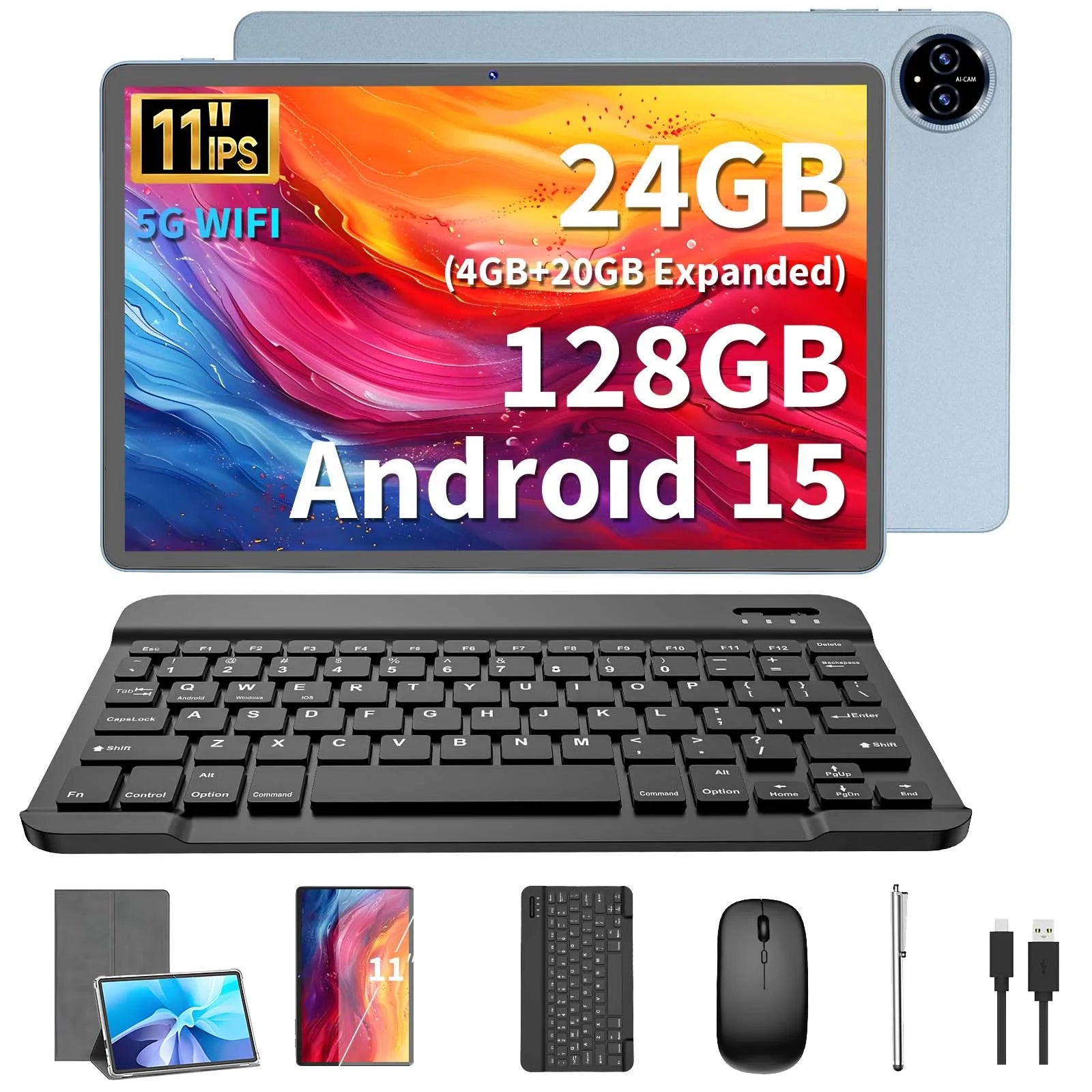 Relndoo New 11 Inch Tablet Android 15, T615 Processor, 24GB(4+20 Expanded) RAM+128GB ROM, WIFI, 5MP+13MP, GPS, BT 5.0, Type C