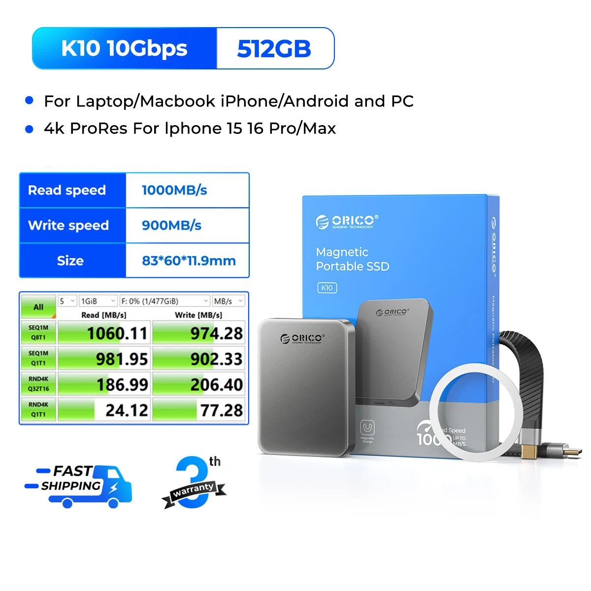ORICO SSD magnético de 1 TB, carga PD100W, 4K ProRes HDR, 1000 MB/s USB 3.2, disco duro externo portátil para iPhone 16/15 y portátiles
