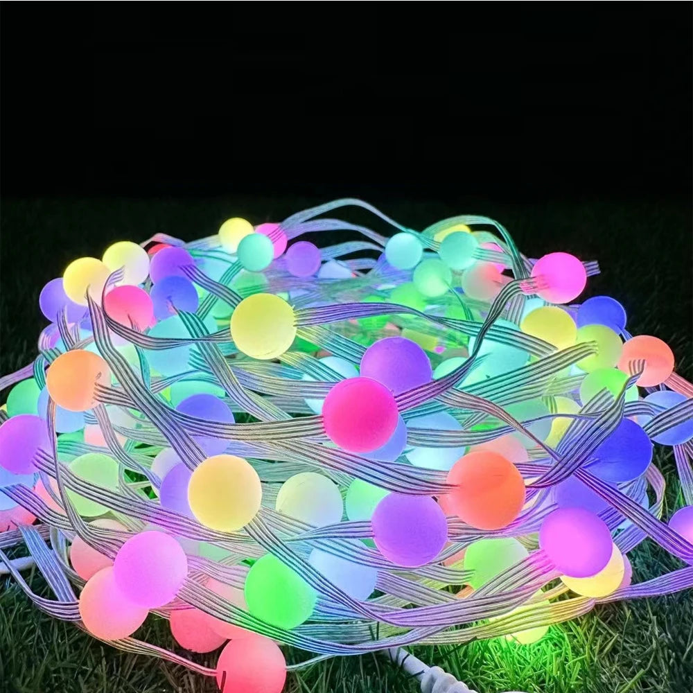 Cadena de luces LED RGBIC redondas de 5 V con Bluetooth, USB, controlador de música con aplicación, para exteriores, impermeable, para camping, decoración de jardín