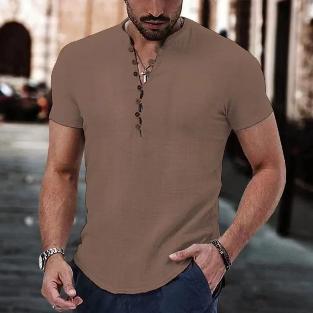 Camisa para caballero en cuello V de lino y algodon