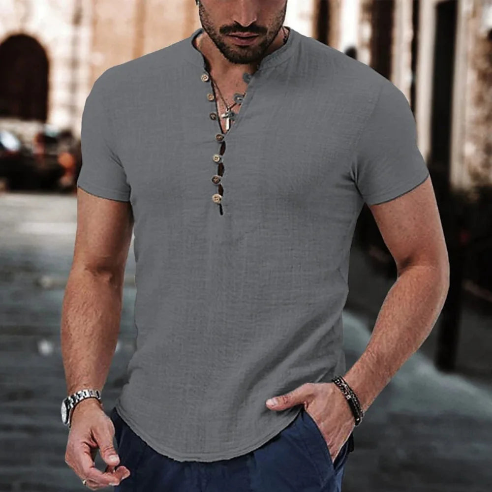 Camisa para caballero en cuello V de lino y algodon