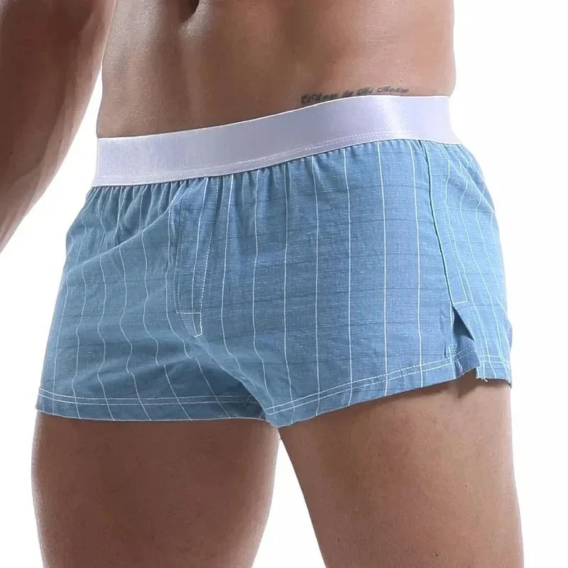 Men's loose-fitting, multi-color plaid cotton underwear.