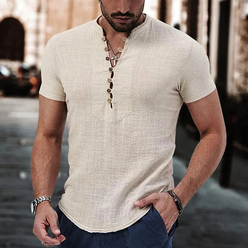 Camisa para caballero en cuello V de lino y algodon