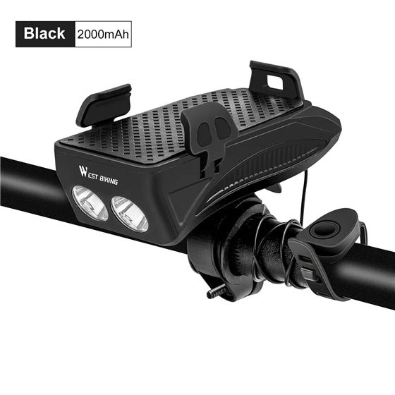 WEST BIKING Multi-Function 4 in 1 Bicycle Front Light 2000/4000MAh USB Charging Bike Flashlight Convenient Cycling Phone Holder