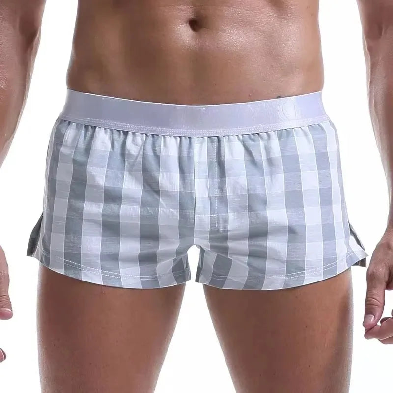 Men's loose-fitting, multi-color plaid cotton underwear.