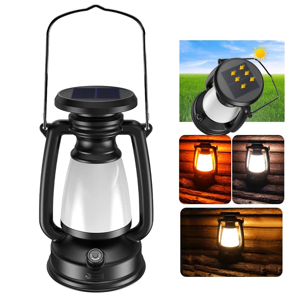 Luz de camping recargable por USB, portátil, para colgar en tienda de campaña, 3000-5000 K, atenuación continua con carga solar.