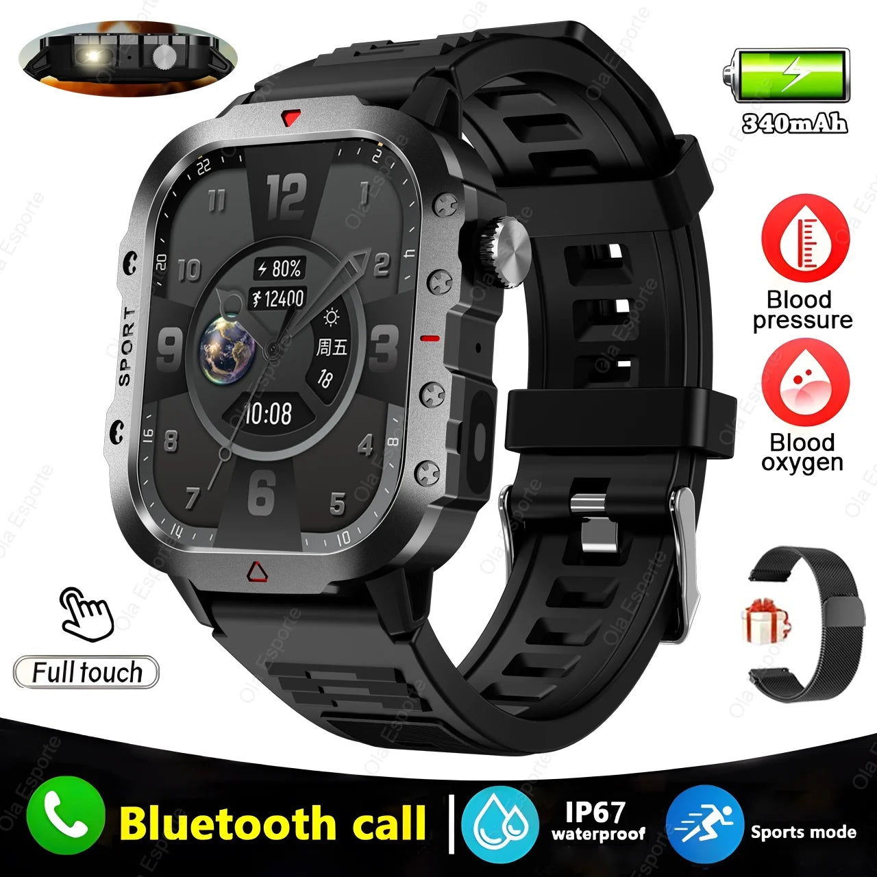 New For Huawei Xiaomi Military GPS Smart Watch Men Flashlight Compass Waterproof Outdoor Sport Tracker Bluetooth Call Smartwatch