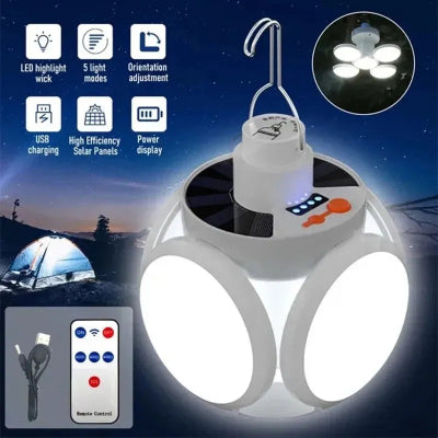 Linterna solar portátil para acampar, LED, recargable, para exteriores, para colgar en tienda de campaña, plegable, con gancho, luces de emergencia