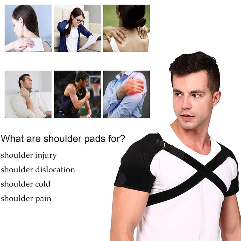 Double shoulder support belt with adjustable strap and cross compression bandage for back pain relief.