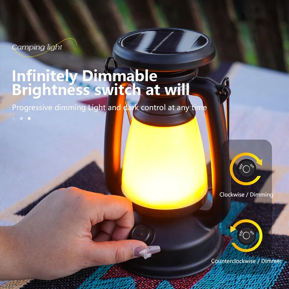 Luz de camping recargable por USB, portátil, para colgar en tienda de campaña, 3000-5000 K, atenuación continua con carga solar.