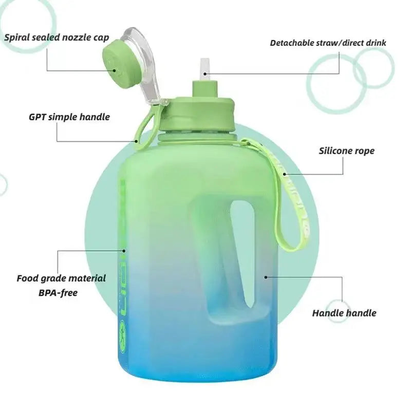 Botella de agua deportiva de 2,4 litros con pajita, gran capacidad, para fitness, con escala, tetera de plástico portátil para exteriores.
