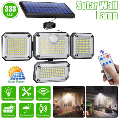 Luz solar impermeable LED con sensor de movimiento para exteriores con control remoto, luz de pared para decoración de jardín, patio, iluminación de garaje