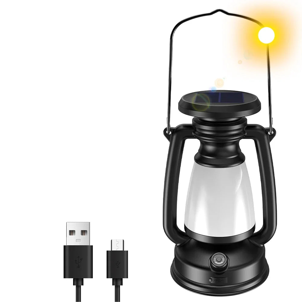 Luz de camping recargable por USB, portátil, para colgar en tienda de campaña, 3000-5000 K, atenuación continua con carga solar.