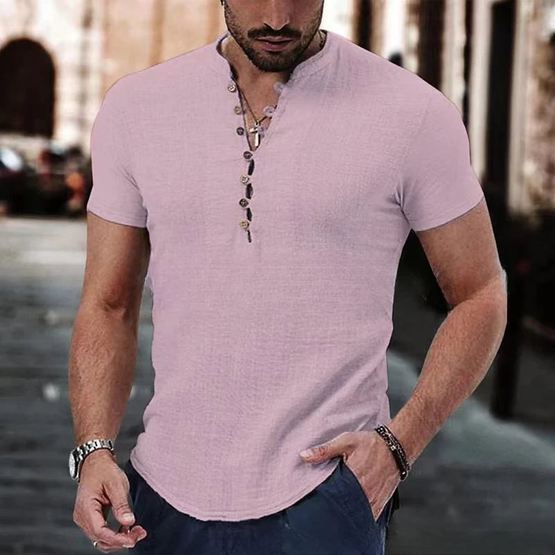 Camisa para caballero en cuello V de lino y algodon