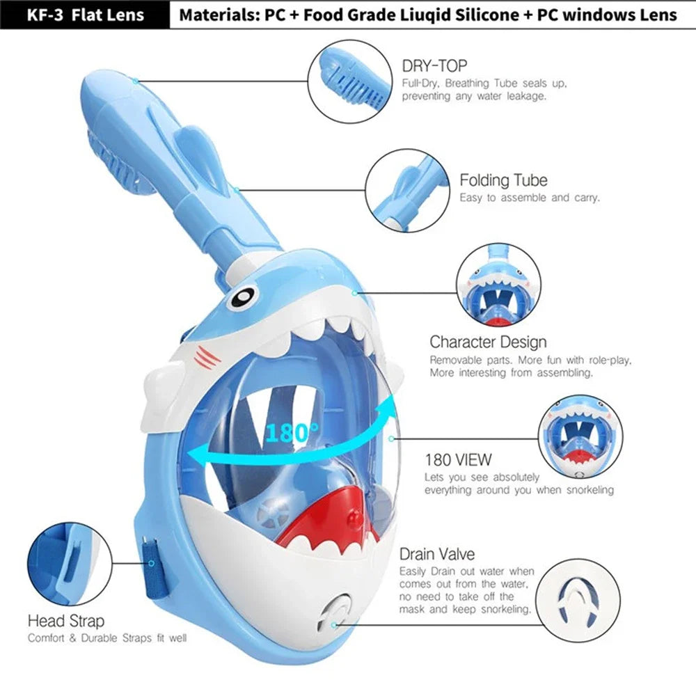 Kids 180° Panoramic Full Face Snorkel Mask Leak-Proof Safety Lens Foldable Dry Top Adjustable Soft Silicone Youth Snorkeling