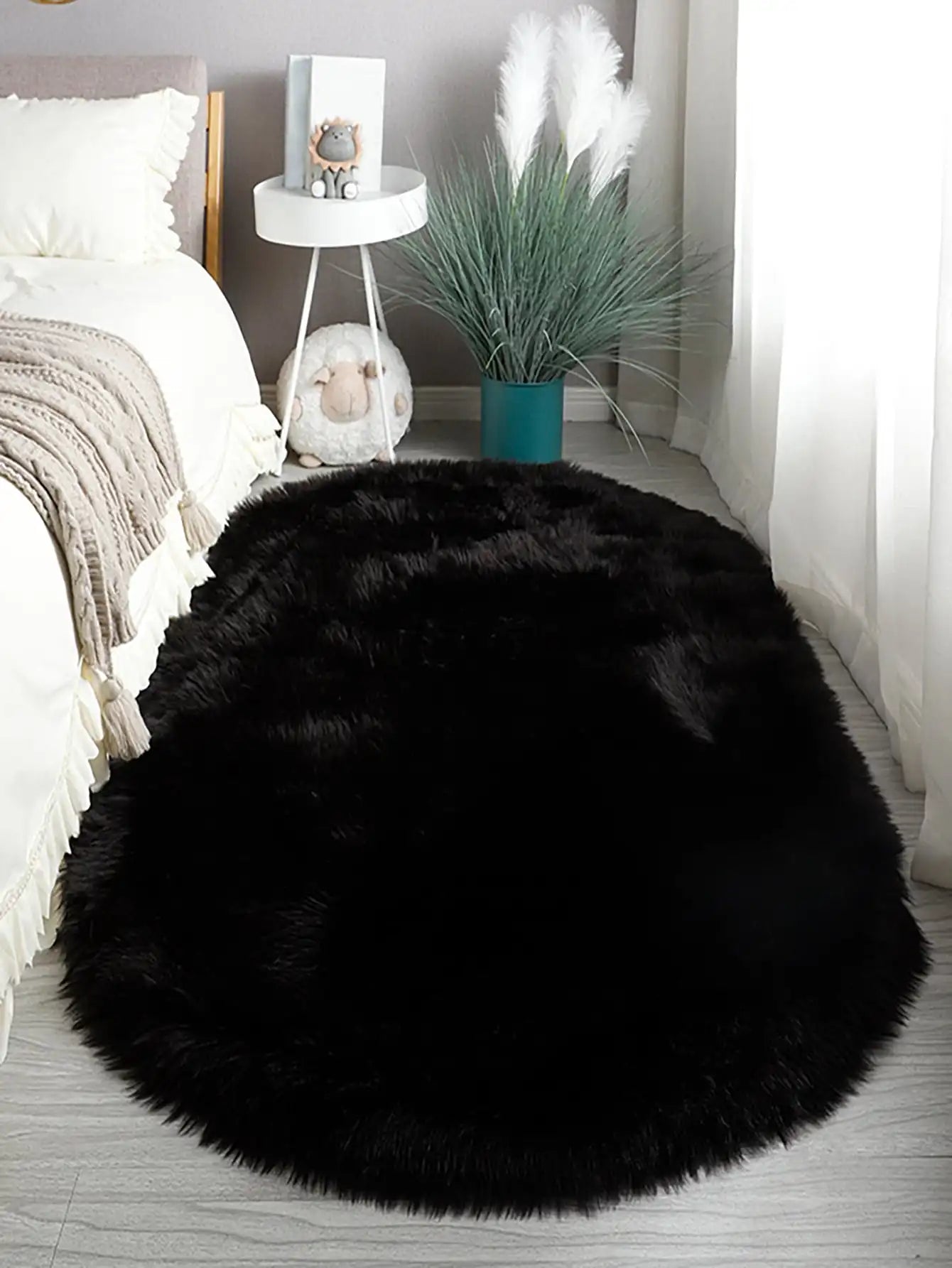 Imitation Sheep Black Oval Carpet Cloakroom Household Bedfront Cushion Long Hair Living Room Carpet