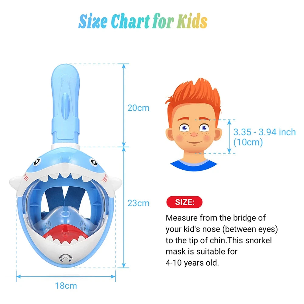 Kids 180° Panoramic Full Face Snorkel Mask Leak-Proof Safety Lens Foldable Dry Top Adjustable Soft Silicone Youth Snorkeling