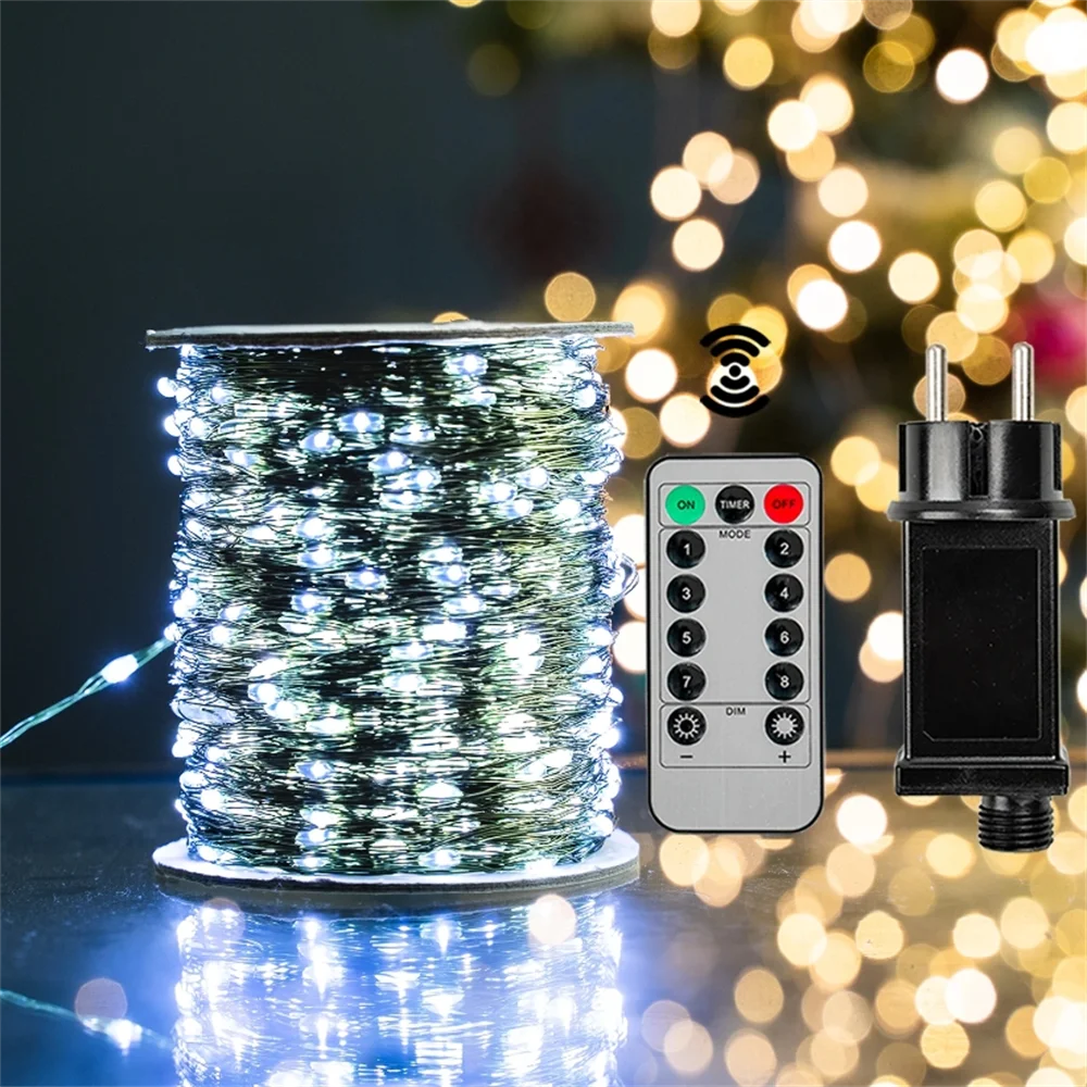 Guirnalda de luces LED de 1000/500 para decoración navideña de exteriores, resistente al agua y con mando a distancia, ideal para árboles, calles, bodas y fiestas.