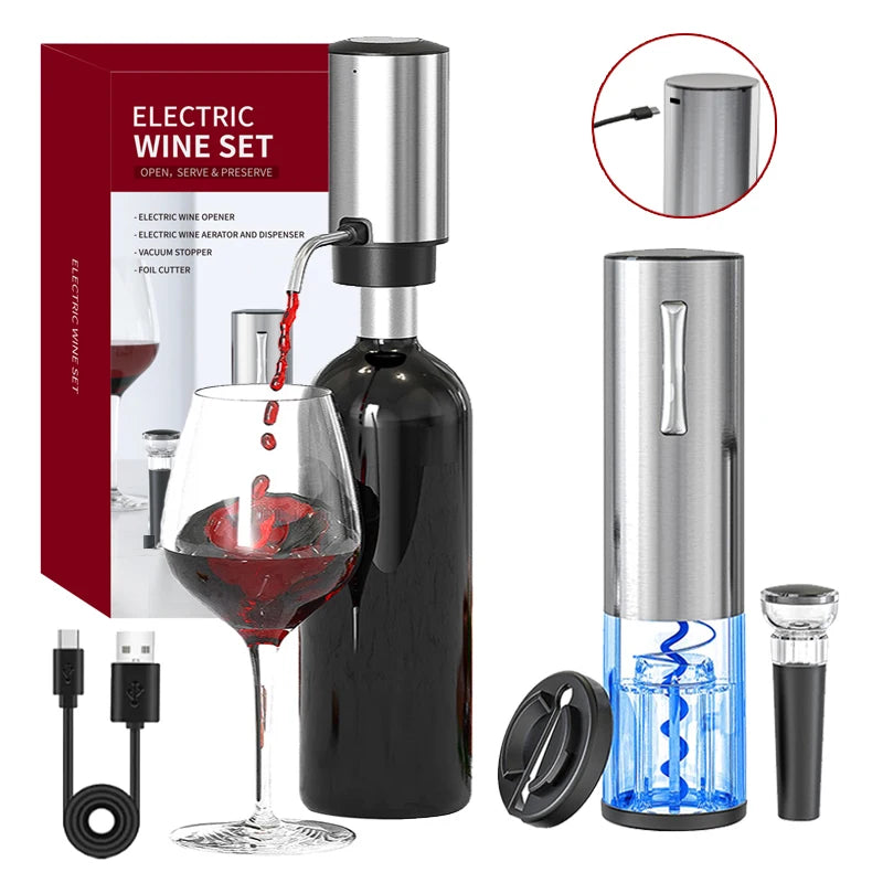 USB Electric Wine Opener Set With Electric Decanter and Aerator Stainless Steel Rechargeable Wine Bottle Opener for Wine Lovers