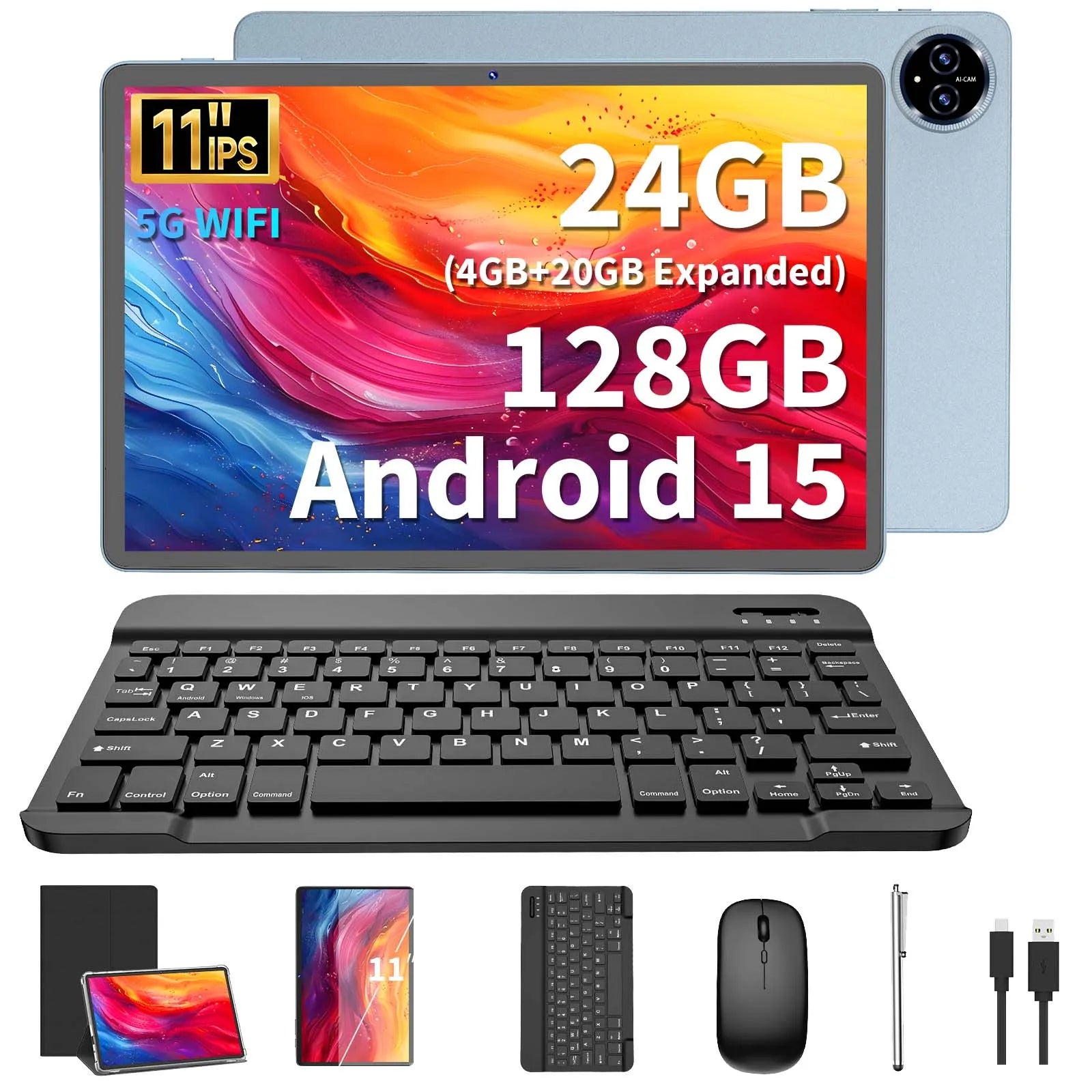 Relndoo New 11 Inch Tablet Android 15, T615 Processor, 24GB(4+20 Expanded) RAM+128GB ROM, WIFI, 5MP+13MP, GPS, BT 5.0, Type C