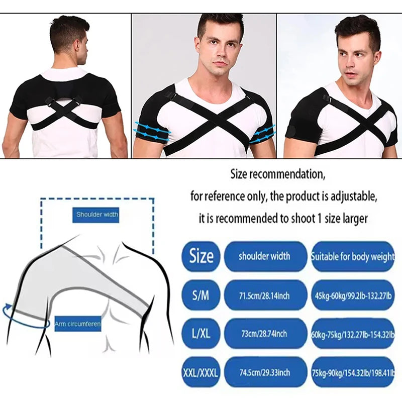 Double shoulder support belt with adjustable strap and cross compression bandage for back pain relief.
