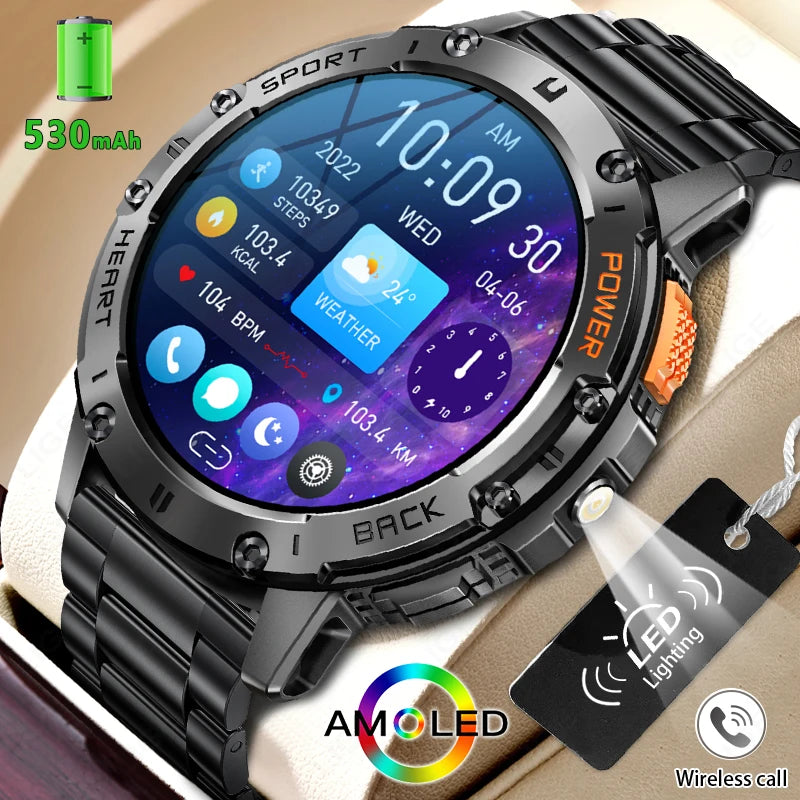 Reloj inteligente AMOLED para Android e iOS, con linterna, deportivo, resistente al agua, rastreador de actividad física, Bluetooth, llamadas y caja.