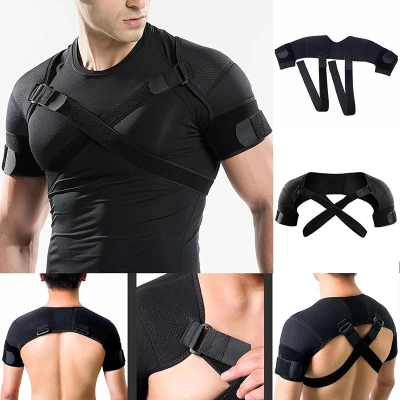 Double shoulder support belt with adjustable strap and cross compression bandage for back pain relief.