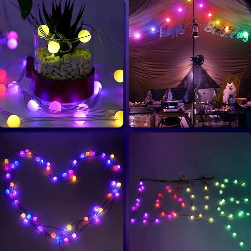 Cadena de luces LED RGBIC redondas de 5 V con Bluetooth, USB, controlador de música con aplicación, para exteriores, impermeable, para camping, decoración de jardín