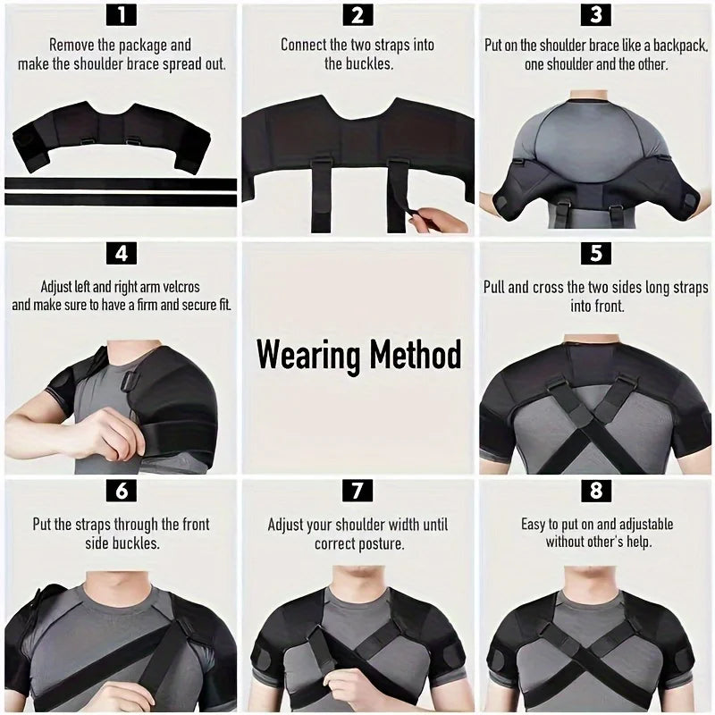 Double shoulder support belt with adjustable strap and cross compression bandage for back pain relief.