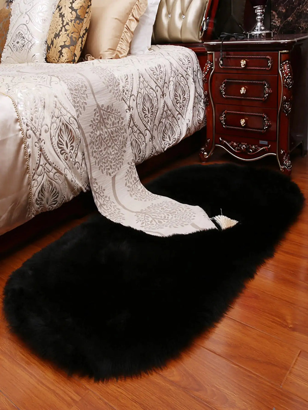 Imitation Sheep Black Oval Carpet Cloakroom Household Bedfront Cushion Long Hair Living Room Carpet