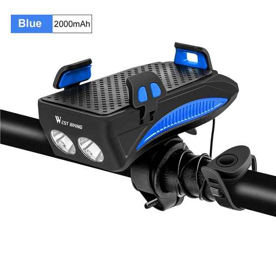 WEST BIKING Multi-Function 4 in 1 Bicycle Front Light 2000/4000MAh USB Charging Bike Flashlight Convenient Cycling Phone Holder