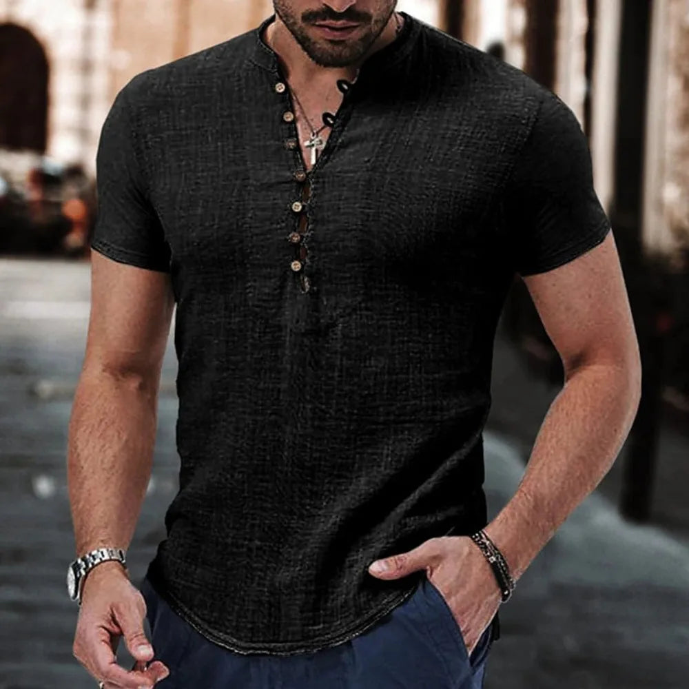 Camisa para caballero en cuello V de lino y algodon