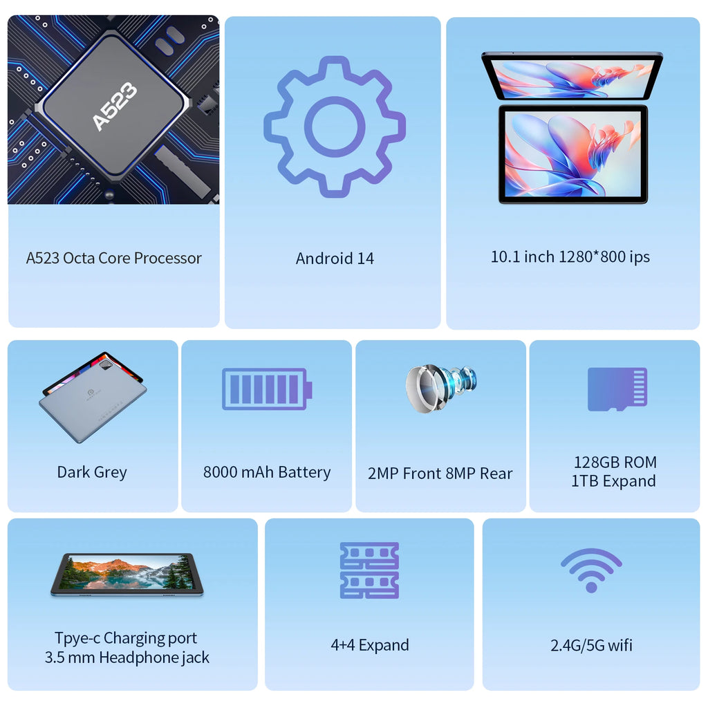 Tableta PRITOM 2 en 1 de 10,1 pulgadas con Android 15 y teclado, 8 GB de RAM (4+4), 128 GB de almacenamiento, 1 TB ampliable, batería de 8000 mAh