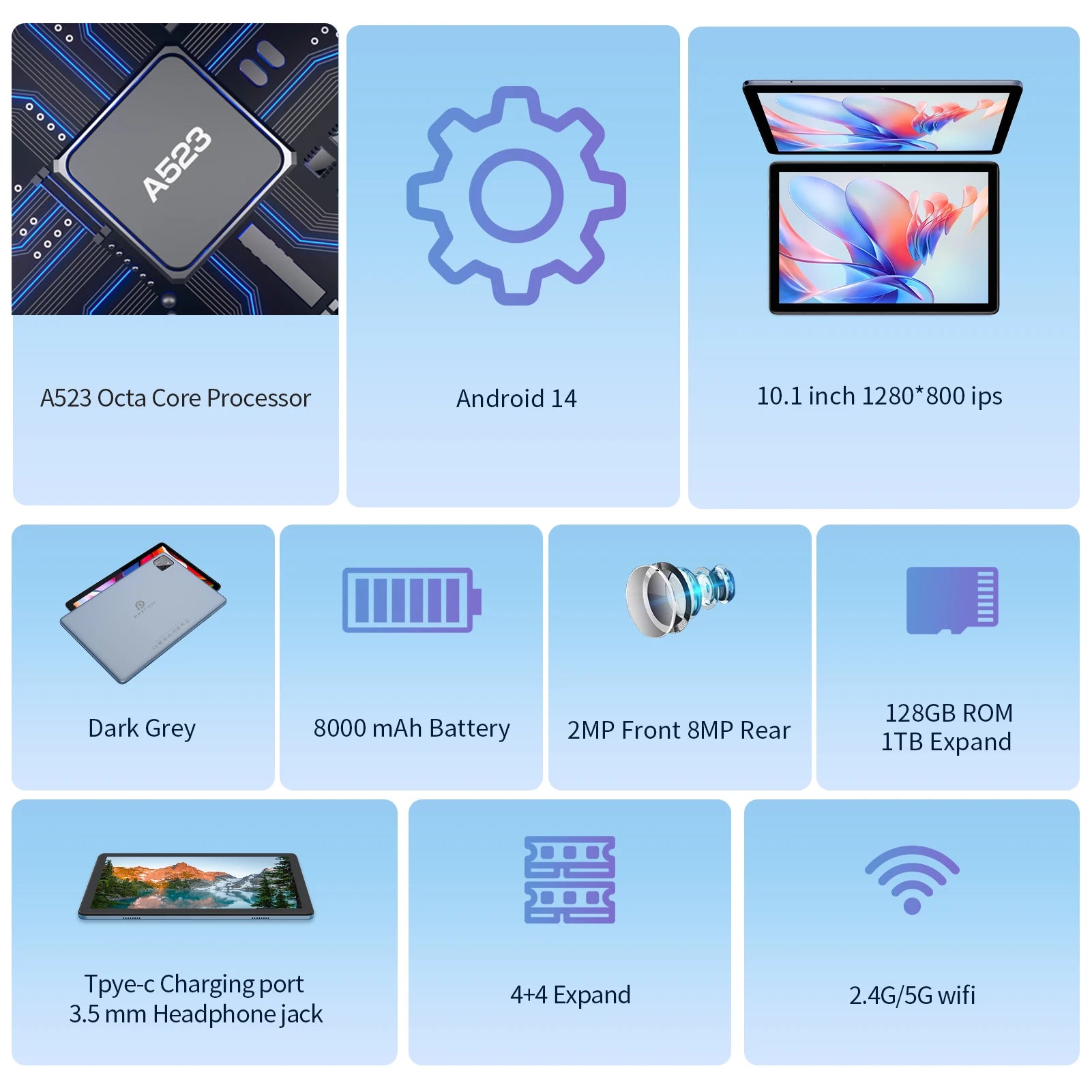 Tableta PRITOM 2 en 1 de 10,1 pulgadas con Android 15 y teclado, 8 GB de RAM (4+4), 128 GB de almacenamiento, 1 TB ampliable, batería de 8000 mAh