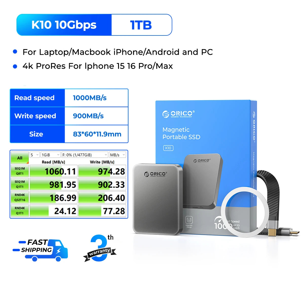 ORICO SSD magnético de 1 TB, carga PD100W, 4K ProRes HDR, 1000 MB/s USB 3.2, disco duro externo portátil para iPhone 16/15 y portátiles