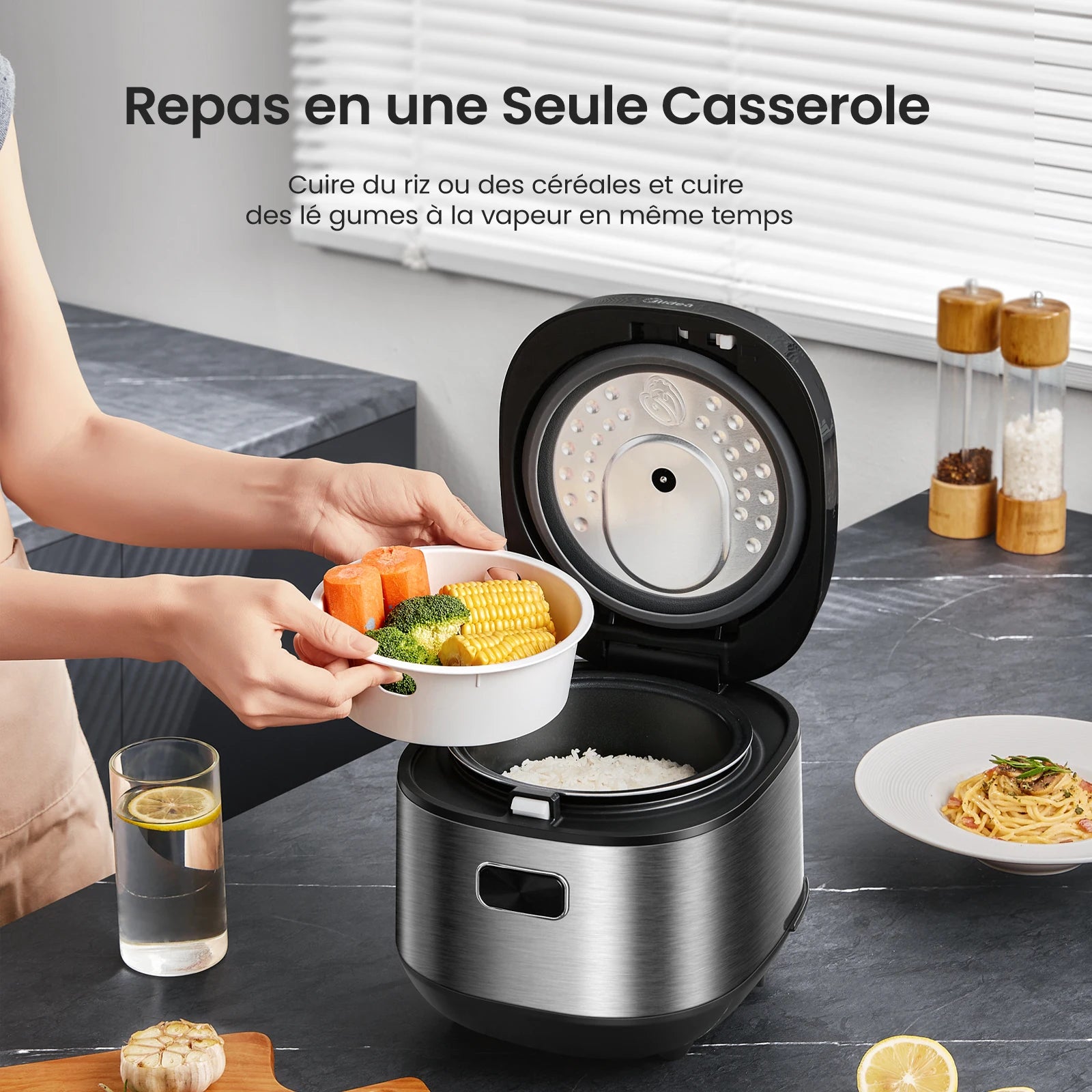 Olla arrocera Midea con 9 funciones, 2 L, 4 tazas, para 1 a 3 personas, tecnología avanzada de calentamiento, arroz rápido 30 min,