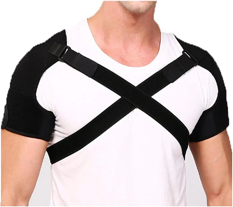 Double shoulder support belt with adjustable strap and cross compression bandage for back pain relief.