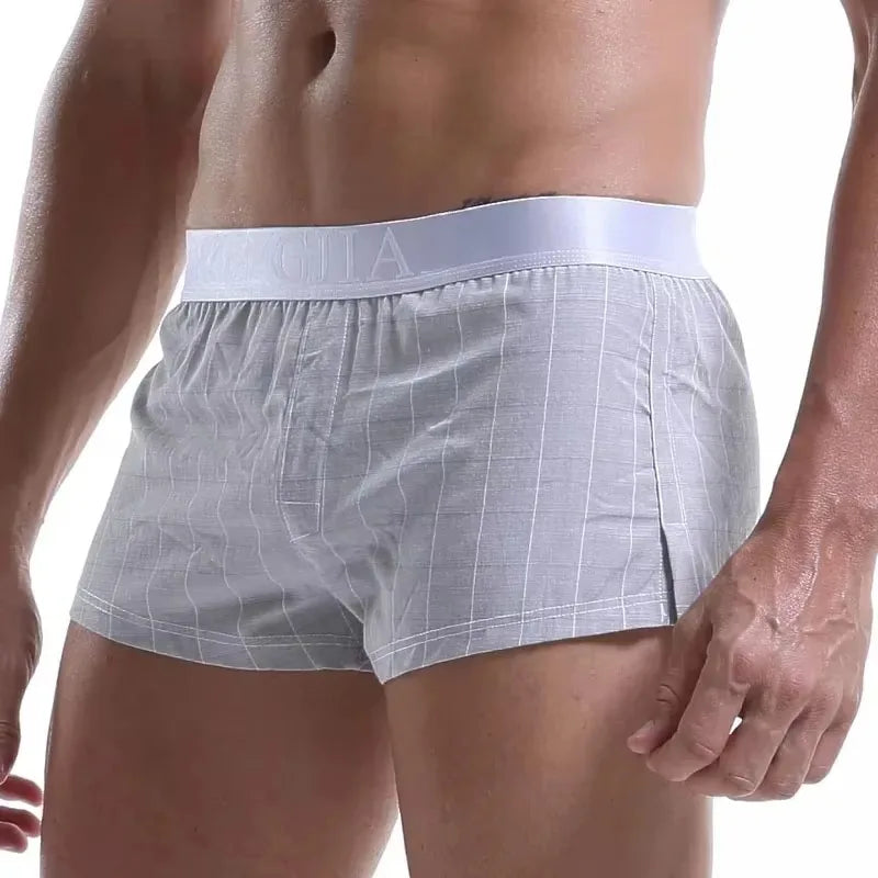 Men's loose-fitting, multi-color plaid cotton underwear.