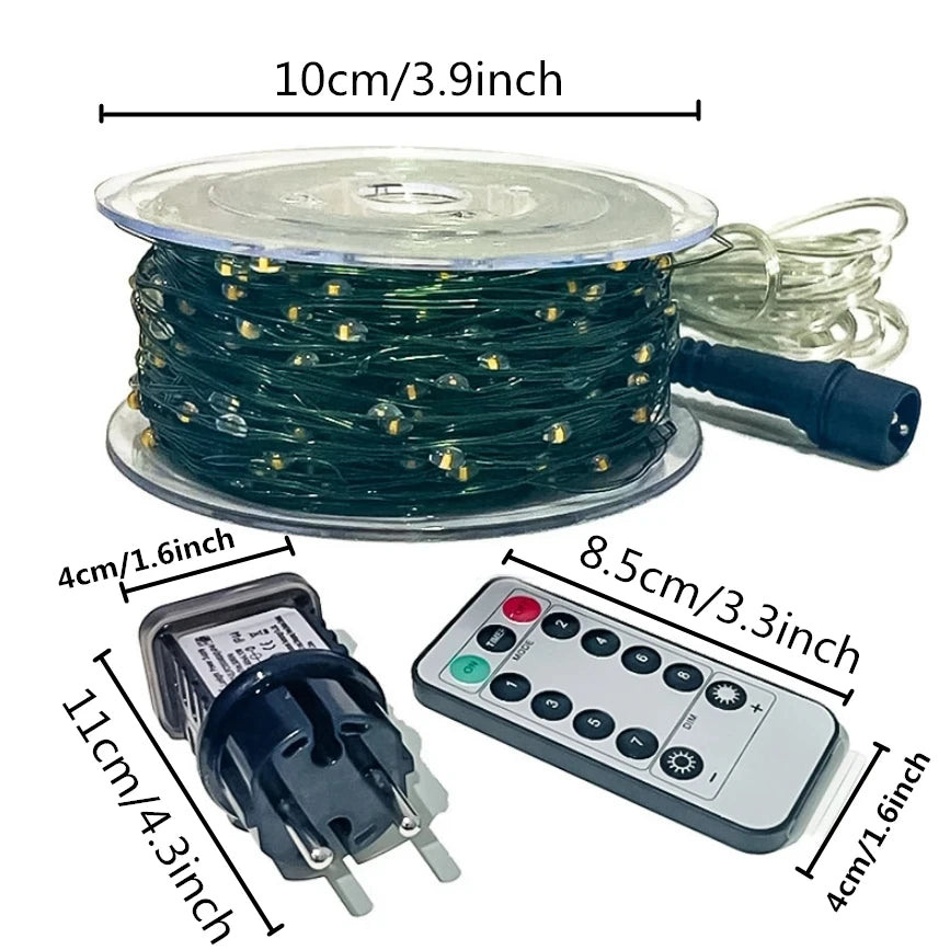 Guirnalda de luces LED de 1000/500 para decoración navideña de exteriores, resistente al agua y con mando a distancia, ideal para árboles, calles, bodas y fiestas.