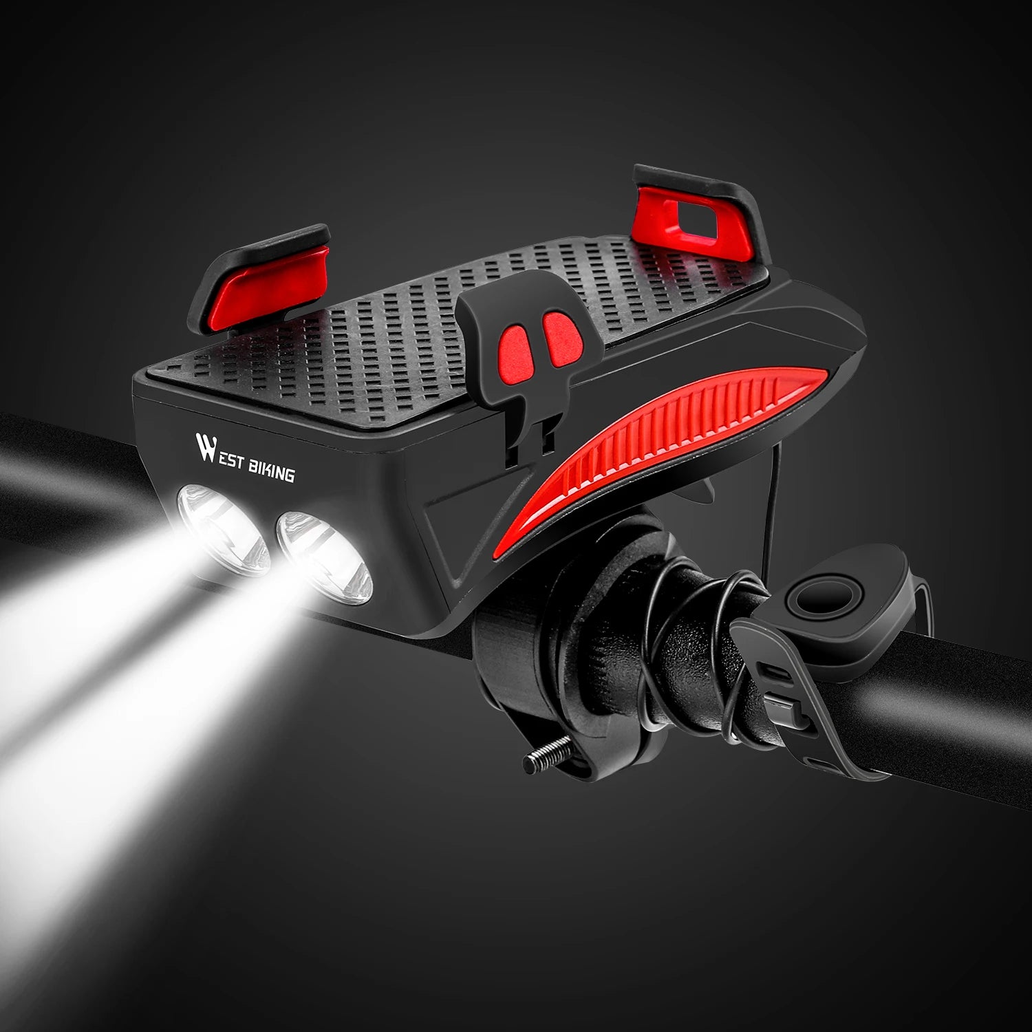 WEST BIKING Multi-Function 4 in 1 Bicycle Front Light 2000/4000MAh USB Charging Bike Flashlight Convenient Cycling Phone Holder