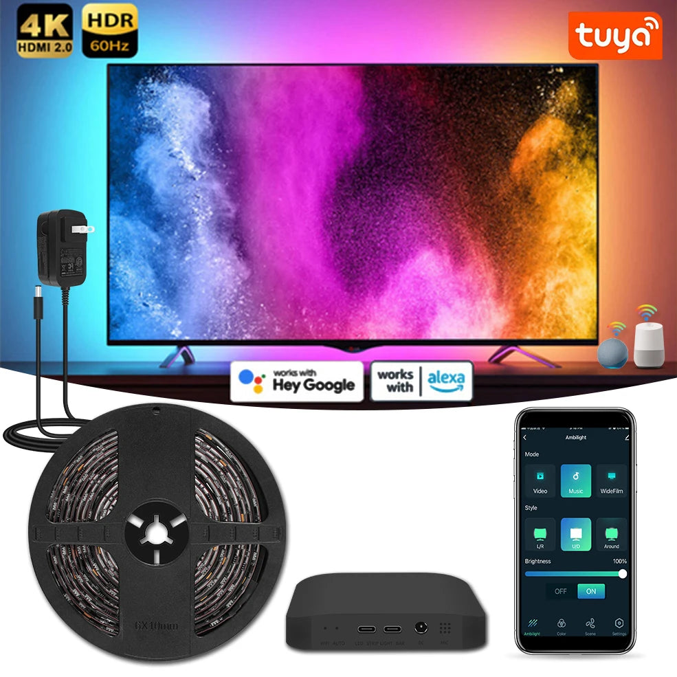 Smart TV Ambient Light HDMI Sync Box Led Strip Light PC Led Backlight For Alexa,Google ,PS5, TVs Box