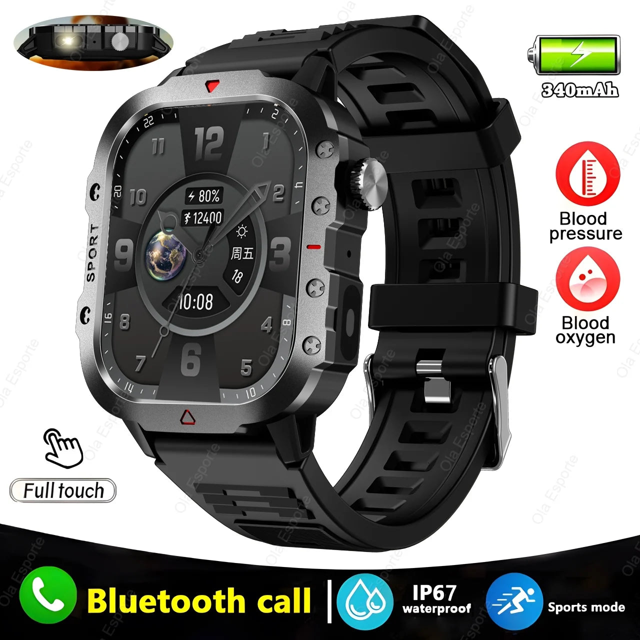 New For Huawei Xiaomi Military GPS Smart Watch Men Flashlight Compass Waterproof Outdoor Sport Tracker Bluetooth Call Smartwatch