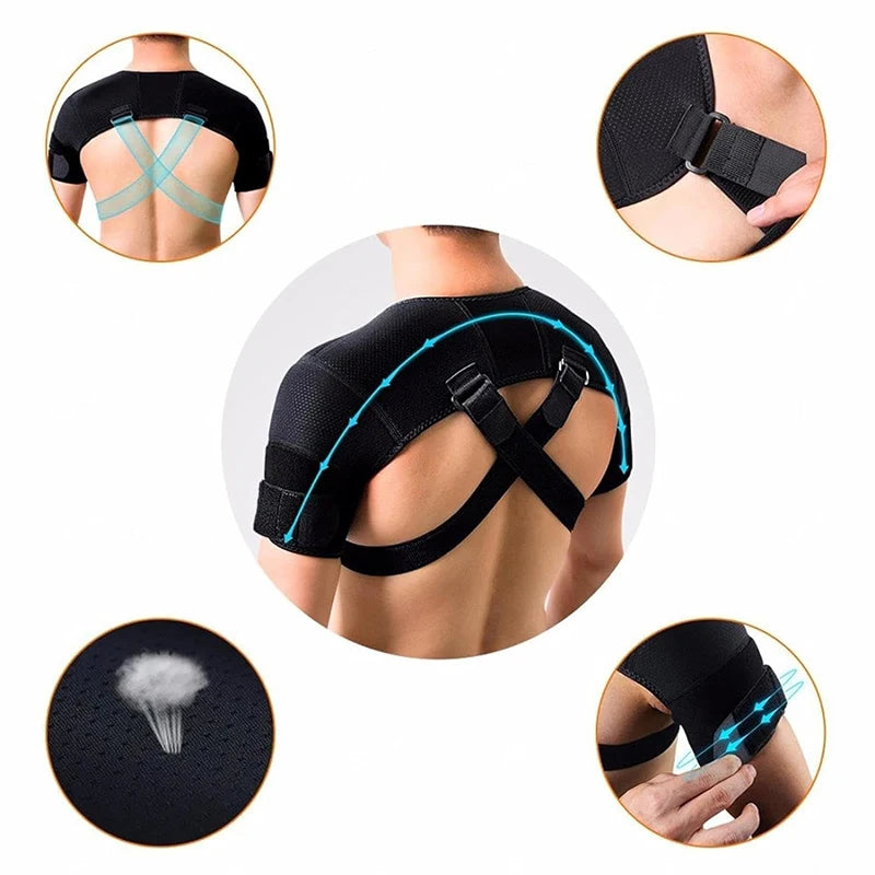 Double shoulder support belt with adjustable strap and cross compression bandage for back pain relief.