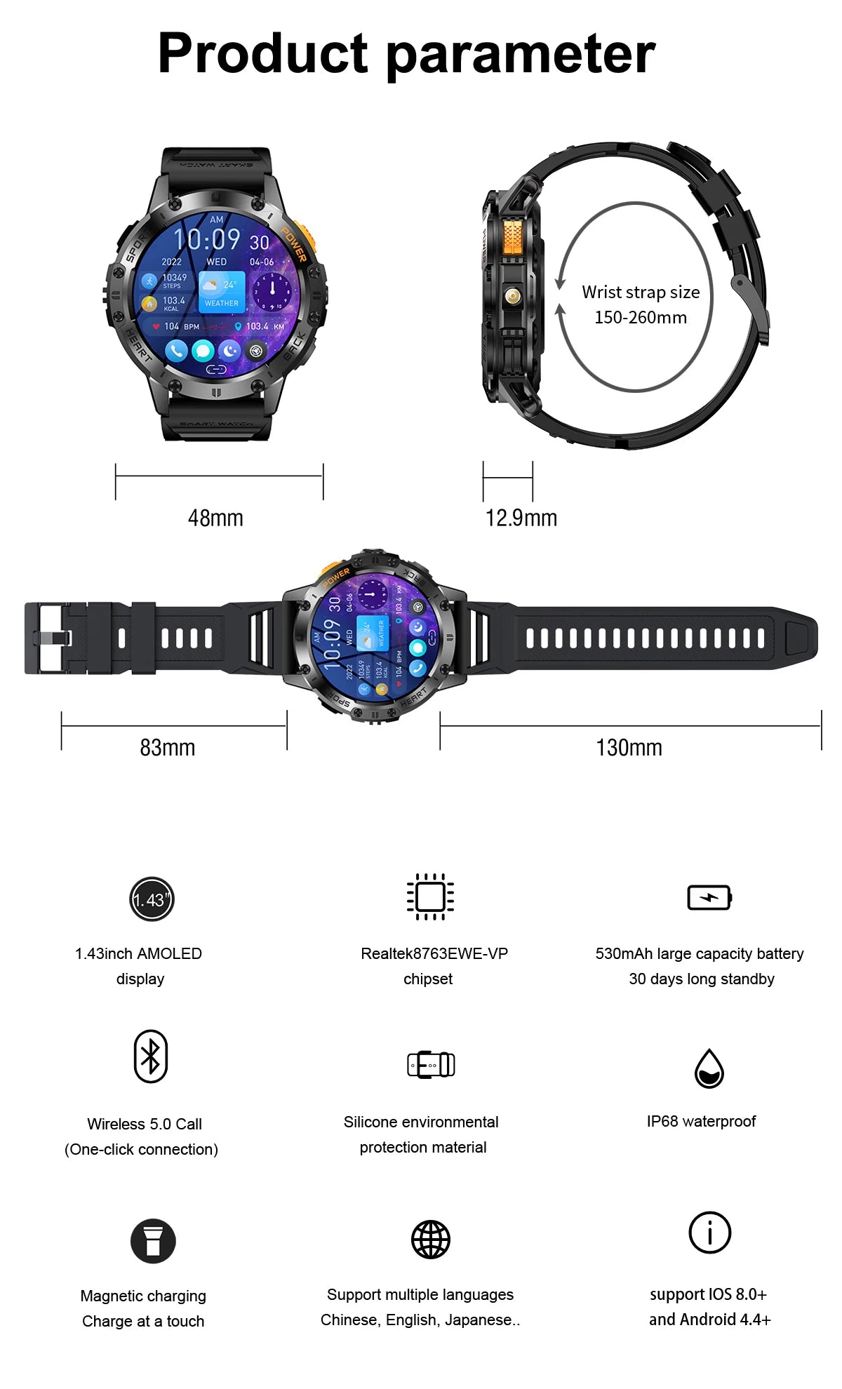 Reloj inteligente AMOLED para Android e iOS, con linterna, deportivo, resistente al agua, rastreador de actividad física, Bluetooth, llamadas y caja.