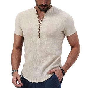 Camisa para caballero en cuello V de lino y algodon