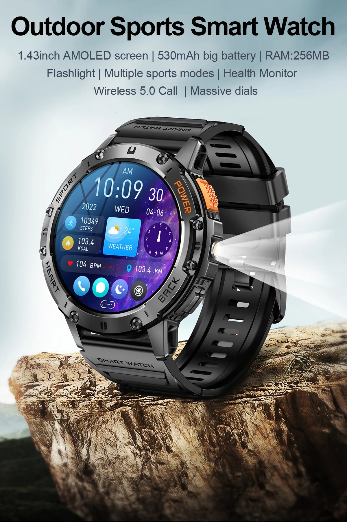 Reloj inteligente AMOLED para Android e iOS, con linterna, deportivo, resistente al agua, rastreador de actividad física, Bluetooth, llamadas y caja.