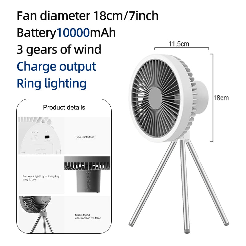 10000mAh 4000mAh Camping Fan Rechargeable Desktop Portable Circulator Wireless Ceiling Electric Fan with Power Bank LED Lighting