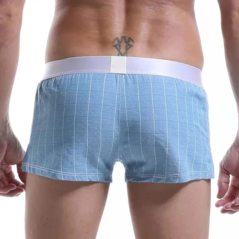 Men's loose-fitting, multi-color plaid cotton underwear.